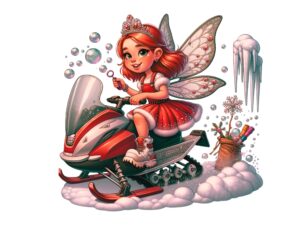 Lollipopa Princess Cherry Tart with a red dress. She has fairy wings and is sitting on a snow mobile.